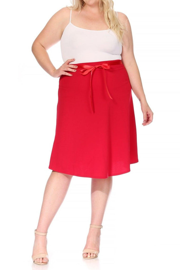 Women's Plus Size Casual High Waist Bow Tie Belted A Line Midi Knee Length Skirts FashionJOA