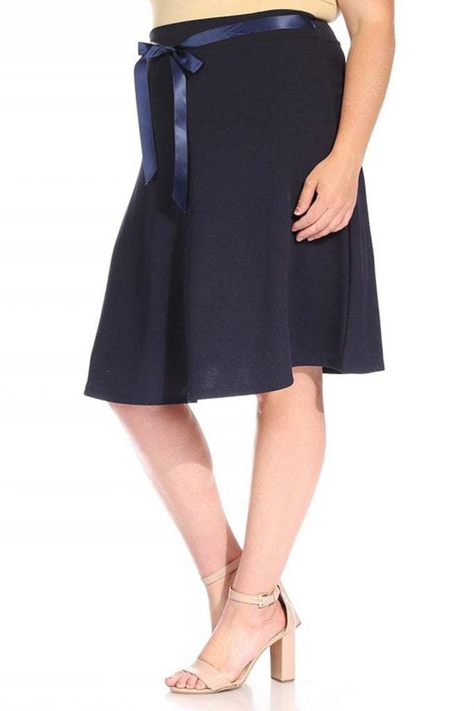 Women's Plus Size Casual High Waist Bow Tie Belted A Line Midi Knee Length Skirts FashionJOA