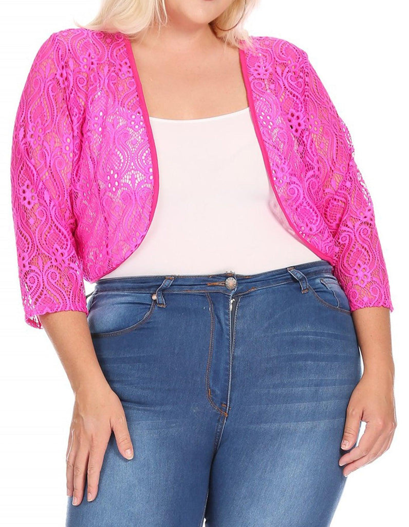 Women's Plus Size Casual Lace Bolero Crochet Cardigan 3/4 Sleeve Sheer Cover Up Jacket FashionJOA