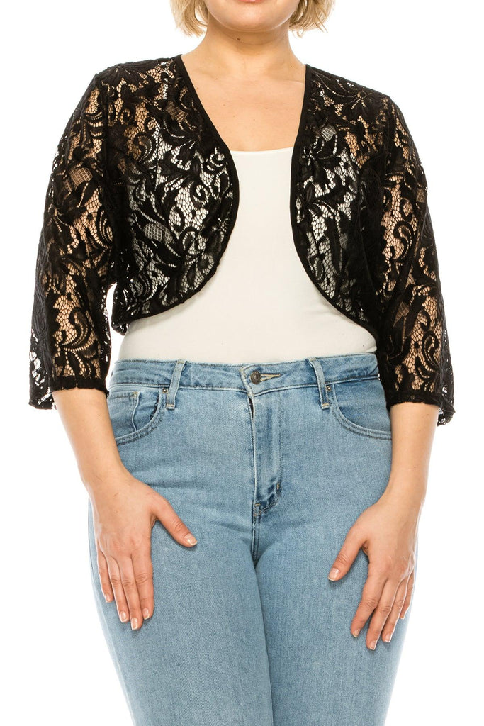 Women's Plus Size Casual Lace Bolero Crochet Cardigan 3/4 Sleeve Sheer Cover Up Jacket FashionJOA