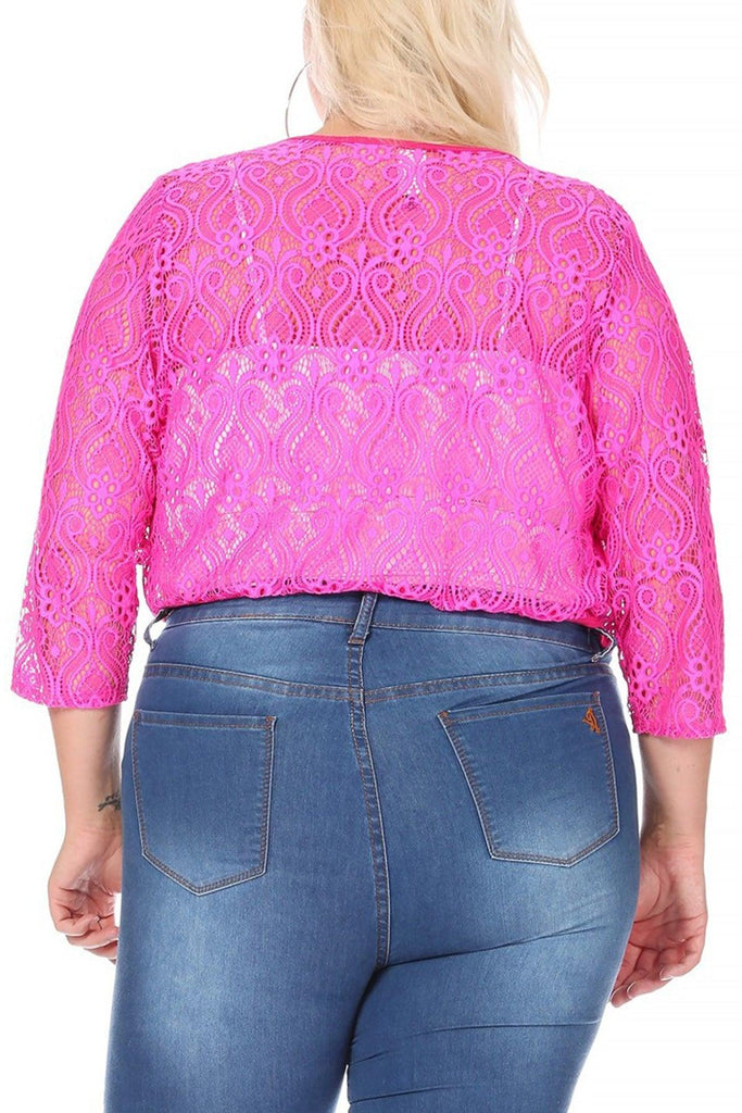 Women's Plus Size Casual Lace Bolero Crochet Cardigan 3/4 Sleeve Sheer Cover Up Jacket FashionJOA