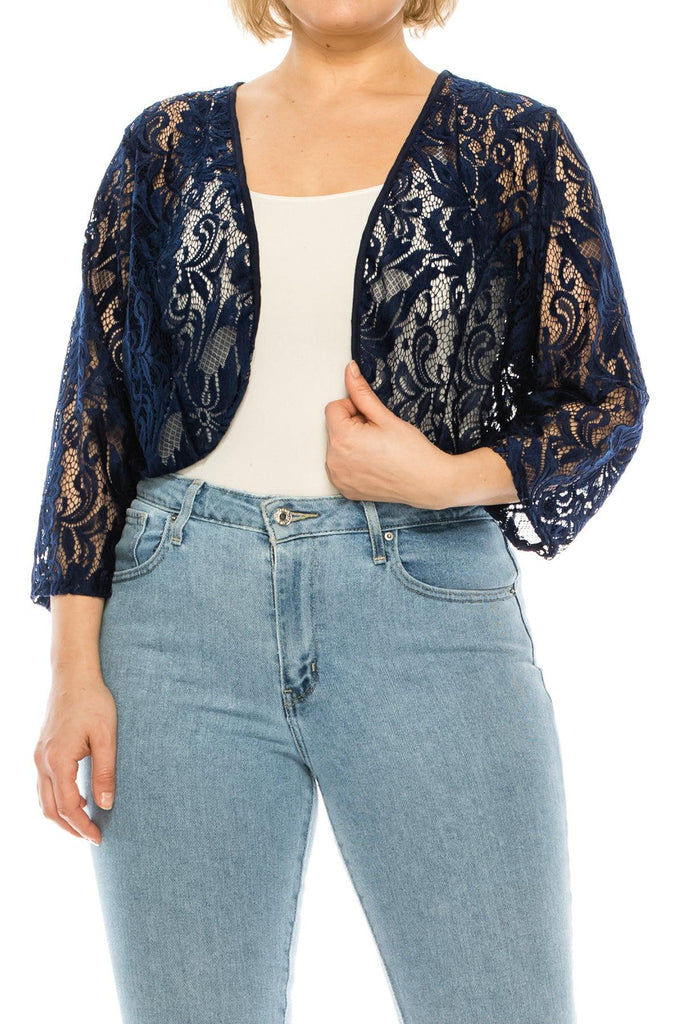 Women's Plus Size Casual Lace Bolero Crochet Cardigan 3/4 Sleeve Sheer Cover Up Jacket FashionJOA