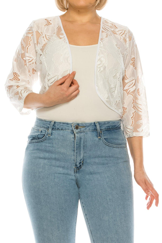 Women's Plus Size Casual Lace Bolero Crochet Cardigan 3/4 Sleeve Sheer Cover Up Jacket FashionJOA