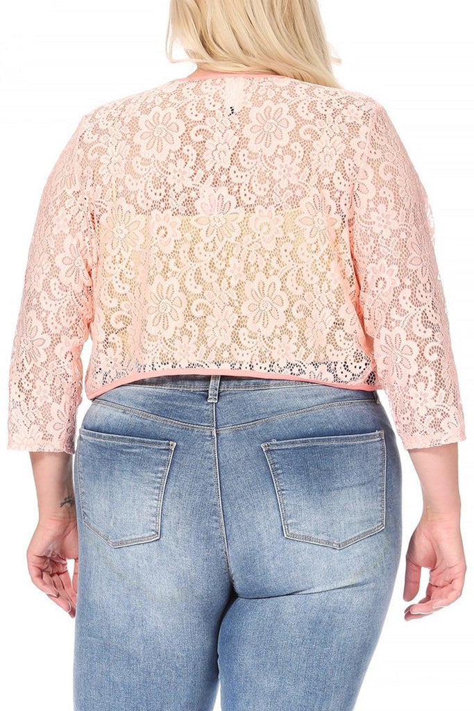 Women's Plus Size Casual Lace Bolero Crochet Cardigan 3/4 Sleeve Sheer Cover Up Jacket FashionJOA