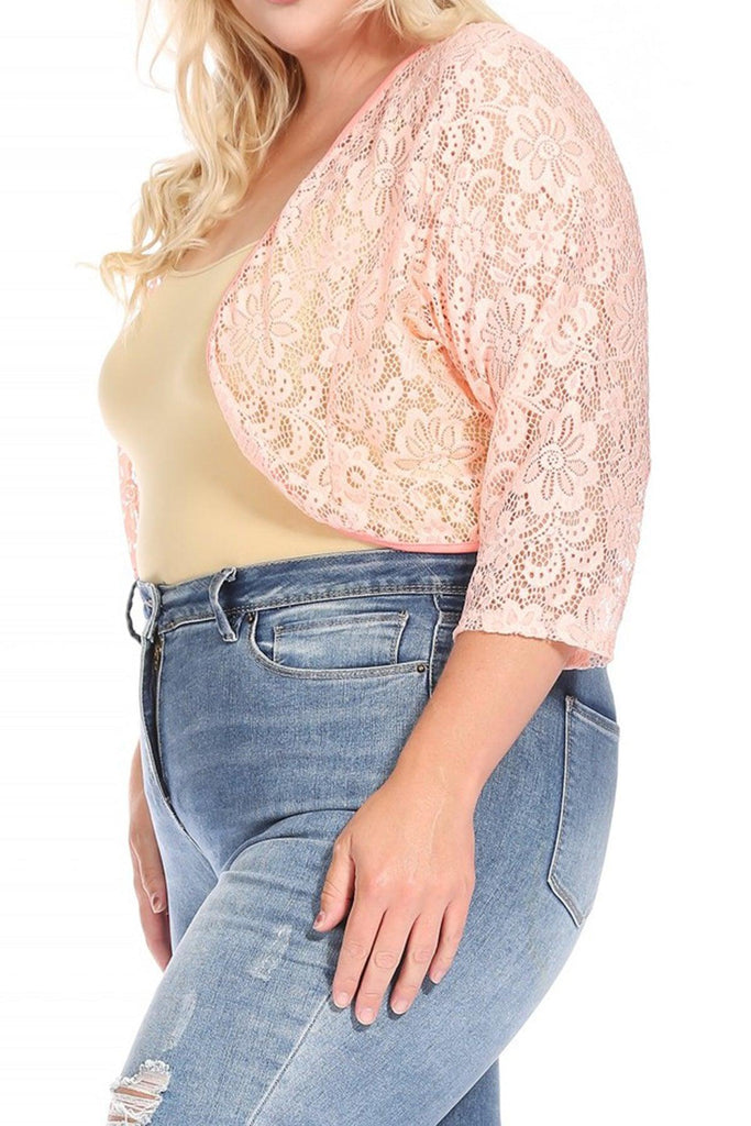 Women's Plus Size Casual Lace Bolero Crochet Cardigan 3/4 Sleeve Sheer Cover Up Jacket FashionJOA