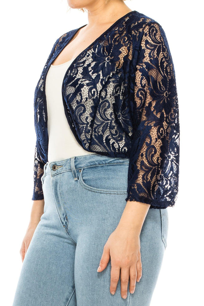 Women's Plus Size Casual Lace Bolero Crochet Cardigan 3/4 Sleeve Sheer Cover Up Jacket FashionJOA
