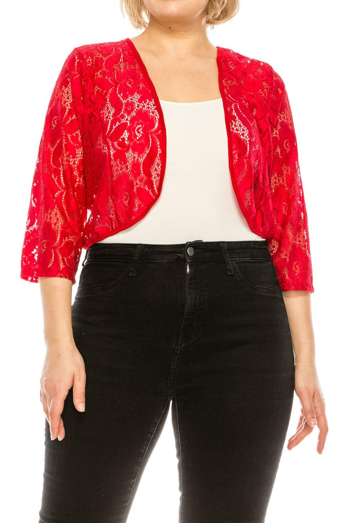 Women's Plus Size Casual Lace Bolero Crochet Cardigan 3/4 Sleeve Sheer Cover Up Jacket FashionJOA