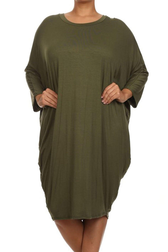 Women's Plus Size Casual Loose Fit Dolman Sleeve Midi Dress FashionJOA