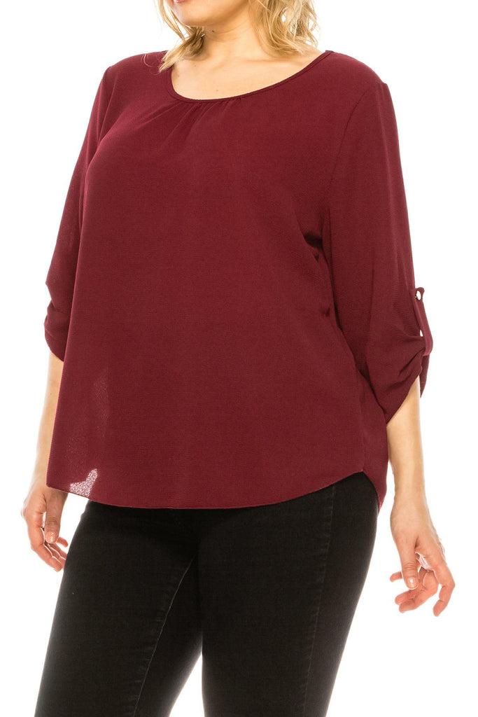 Women's Plus Size Casual Round Neck Loose Fit Roll Tab 3/4 Sleeve Blouse FashionJOA