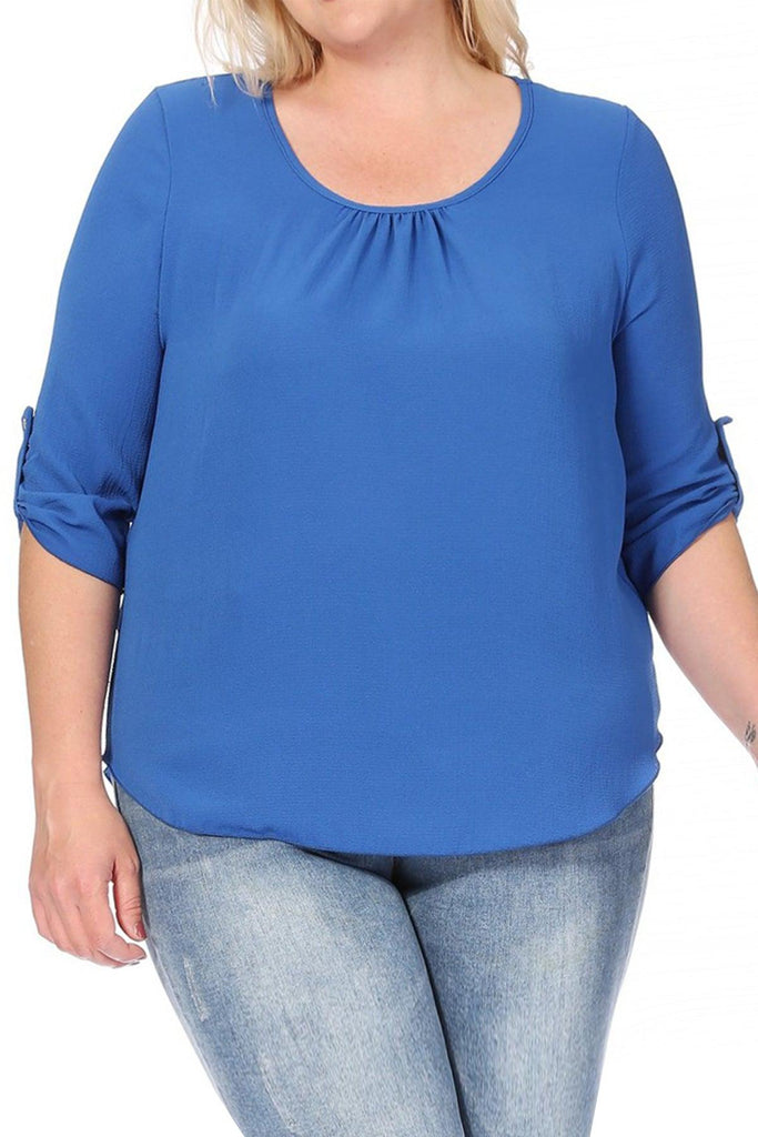 Women's Plus Size Casual Round Neck Loose Fit Roll Tab 3/4 Sleeve Shirt Blouse Tops FashionJOA