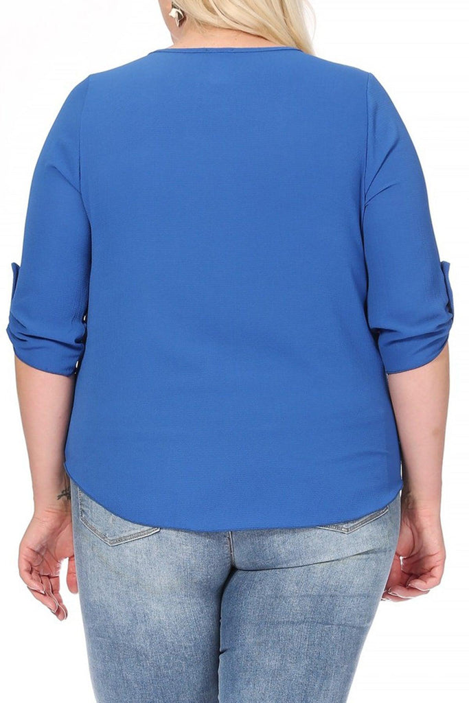 Women's Plus Size Casual Round Neck Loose Fit Roll Tab 3/4 Sleeve Shirt Blouse Tops FashionJOA