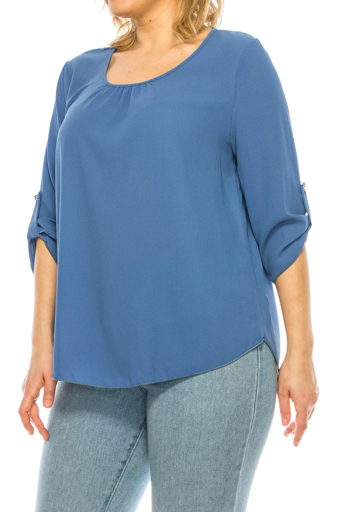 Women's Plus Size Casual Round Neck Loose Fit Roll Tab 3/4 Sleeve Shirt Blouse Tops FashionJOA