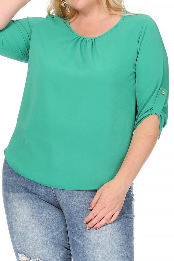 Women's Plus Size Casual Round Neck Loose Fit Roll Tab 3/4 Sleeve Shirt Blouse Tops FashionJOA