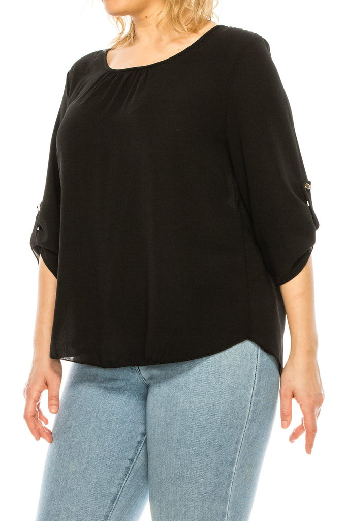 Women's Plus Size Casual Round Neck Loose Fit Roll Tab 3/4 Sleeve Shirt Blouse Tops FashionJOA