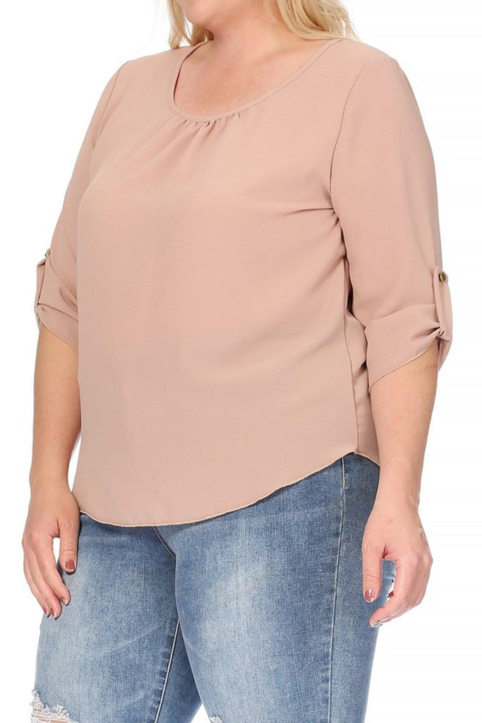 Women's Plus Size Casual Round Neck Loose Fit Roll Tab 3/4 Sleeve Shirt Blouse Tops FashionJOA