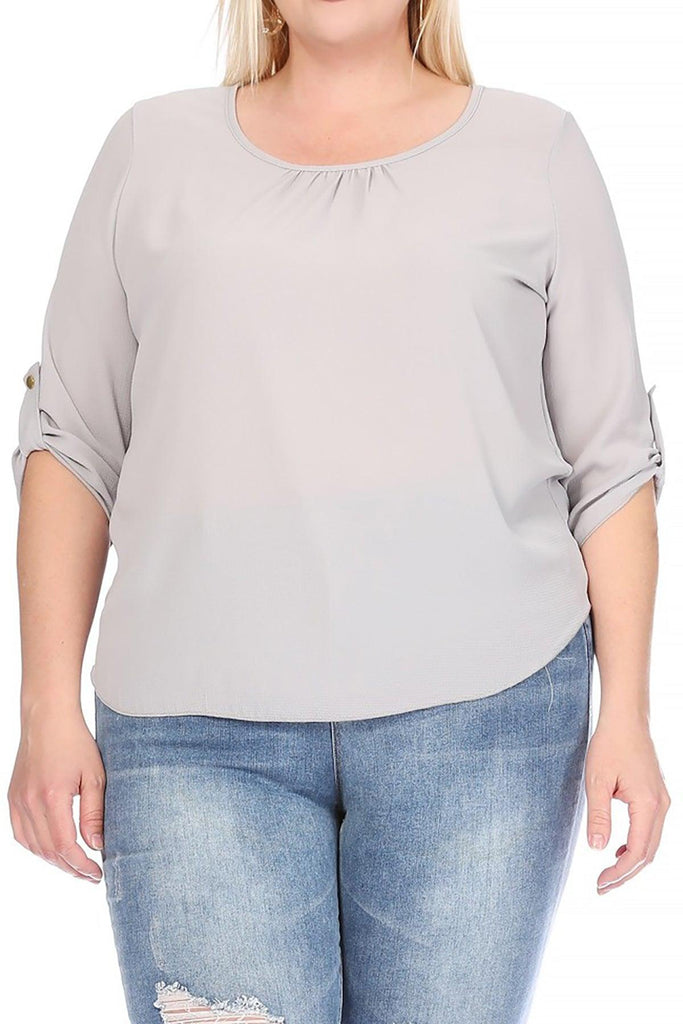 Women's Plus Size Casual Round Neck Loose Fit Roll Tab 3/4 Sleeve Shirt Blouse Tops FashionJOA