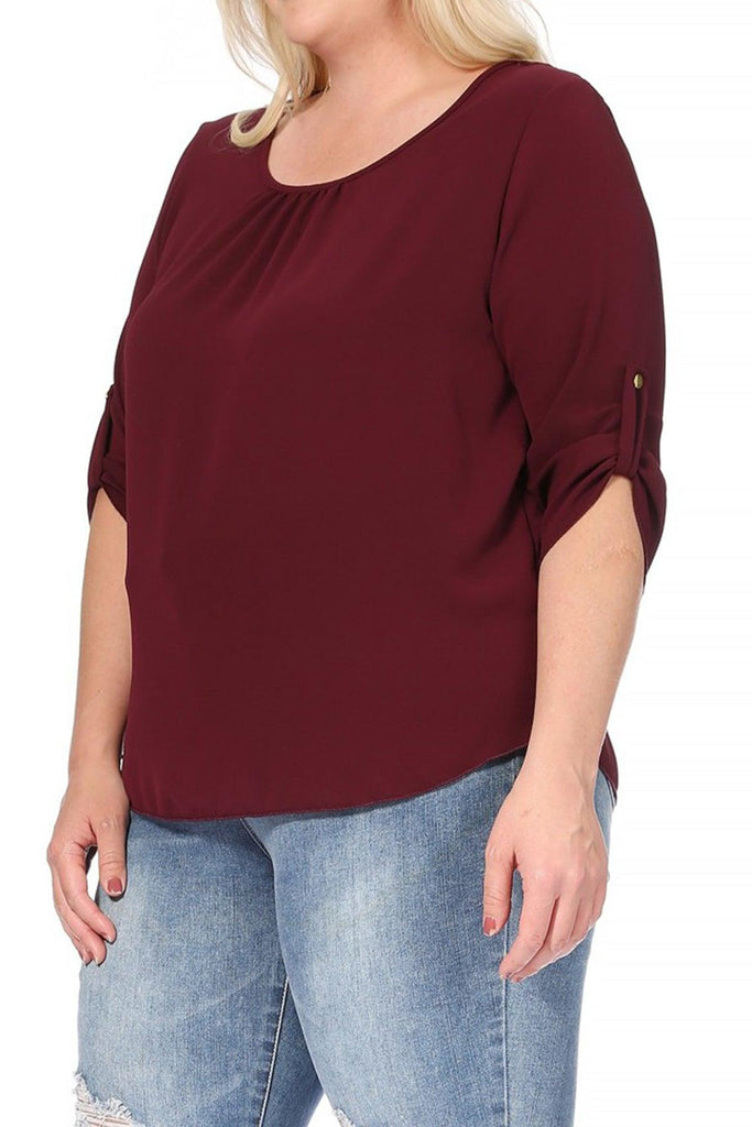 Women's Plus Size Casual Round Neck Loose Fit Roll Tab 3/4 Sleeve Shirt Blouse Tops FashionJOA