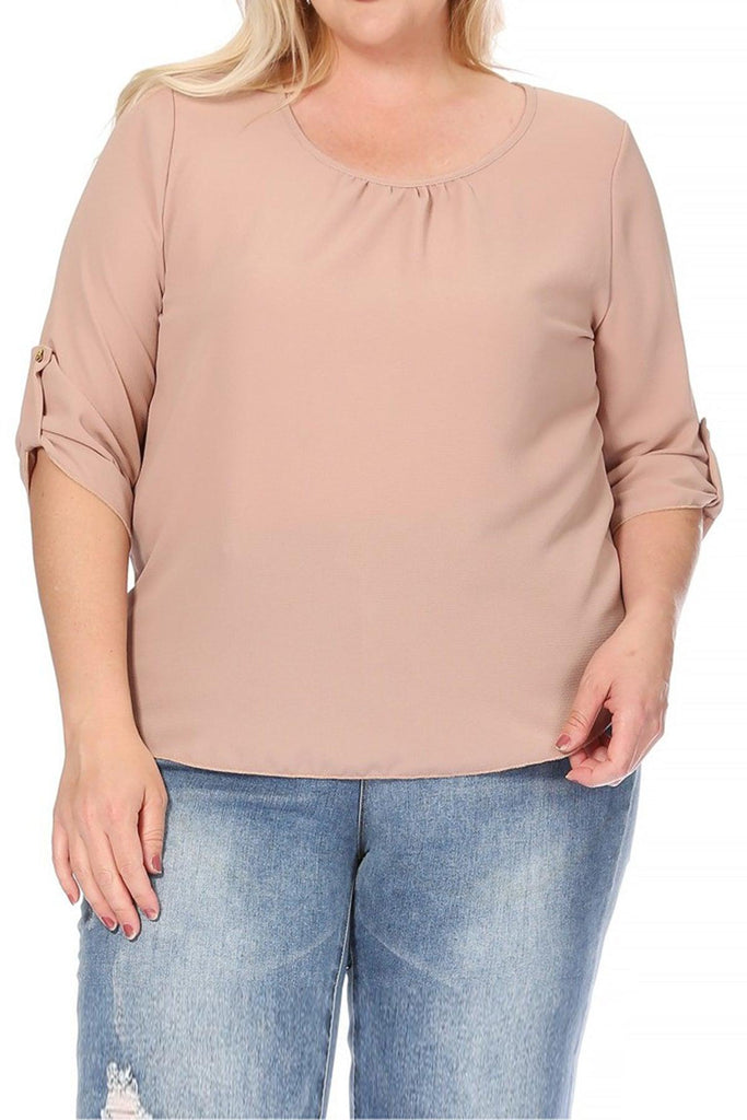 Women's Plus Size Casual Round Neck Loose Fit Roll Tab 3/4 Sleeve Shirt Blouse Tops FashionJOA