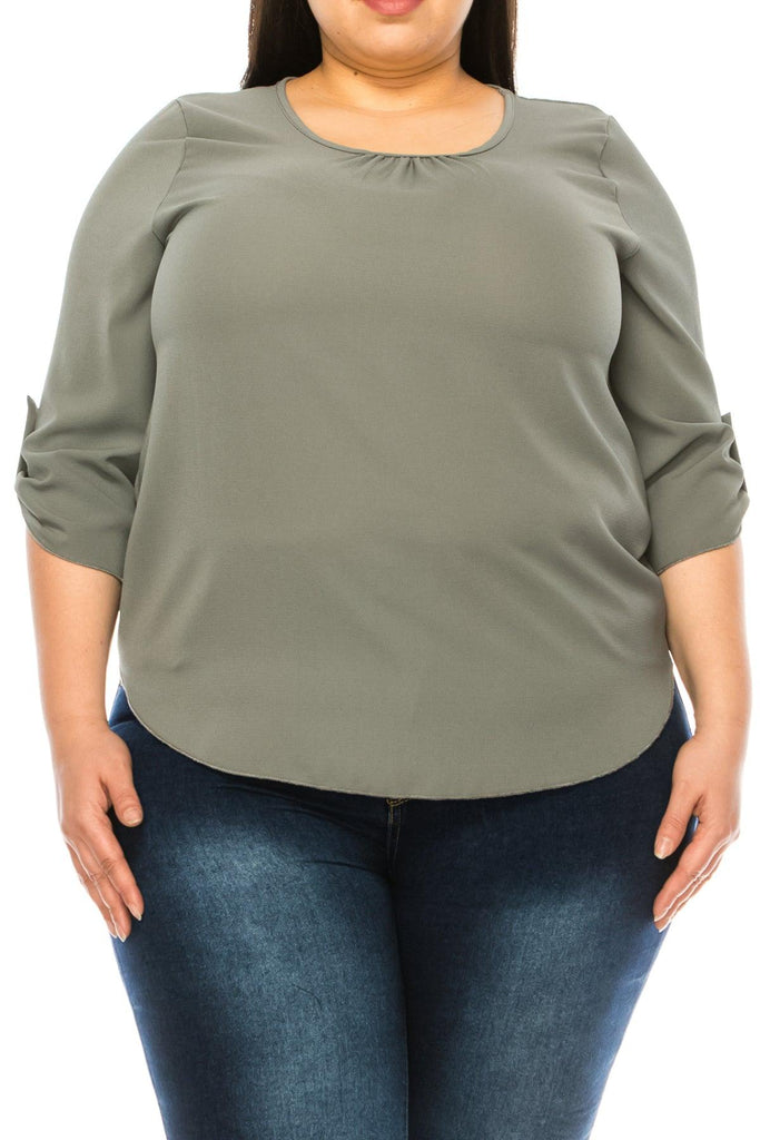 Women's Plus Size Casual Round Neck Loose Fit Roll Tab 3/4 Sleeve Shirt Blouse Tops FashionJOA