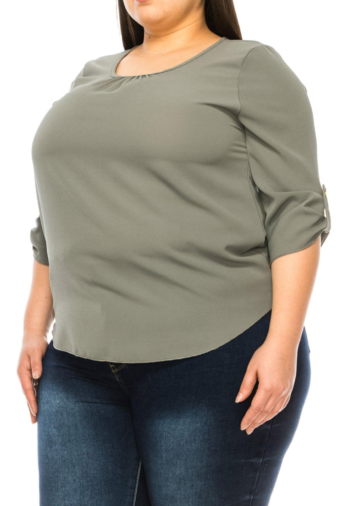 Women's Plus Size Casual Round Neck Loose Fit Roll Tab 3/4 Sleeve Shirt Blouse Tops FashionJOA