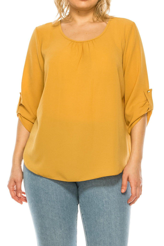 Women's Plus Size Casual Round Neck Loose Fit Roll Tab 3/4 Sleeve Shirt Blouse Tops FashionJOA