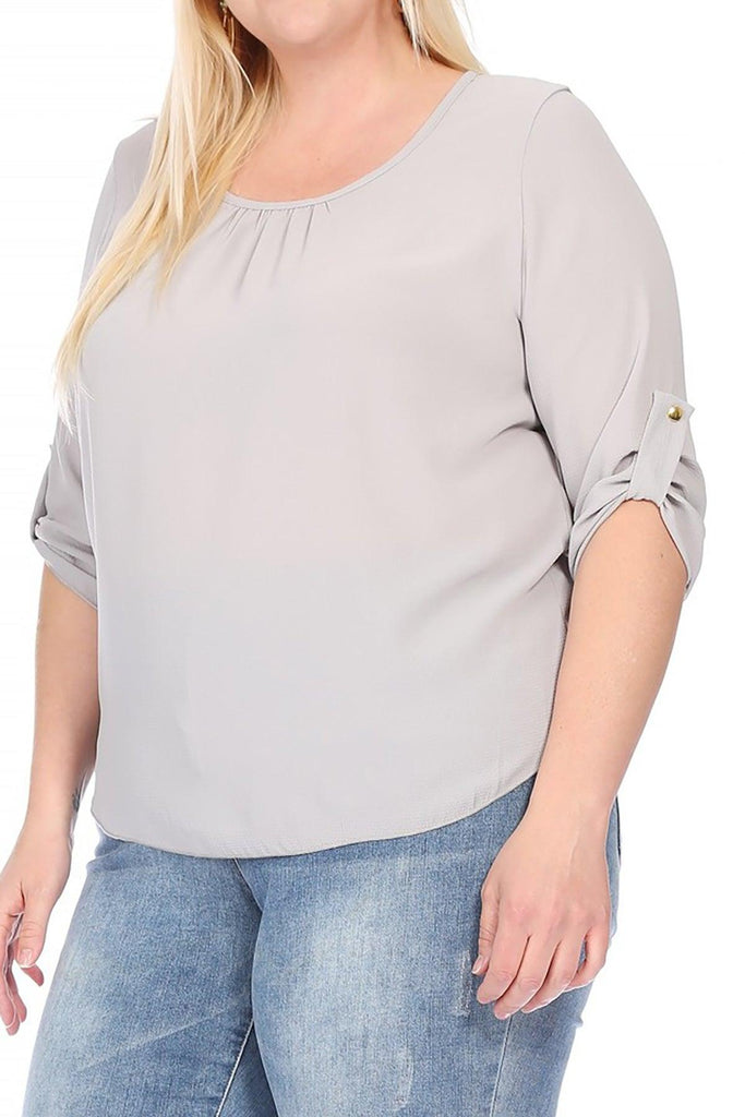 Women's Plus Size Casual Round Neck Loose Fit Roll Tab 3/4 Sleeve Shirt Blouse Tops FashionJOA