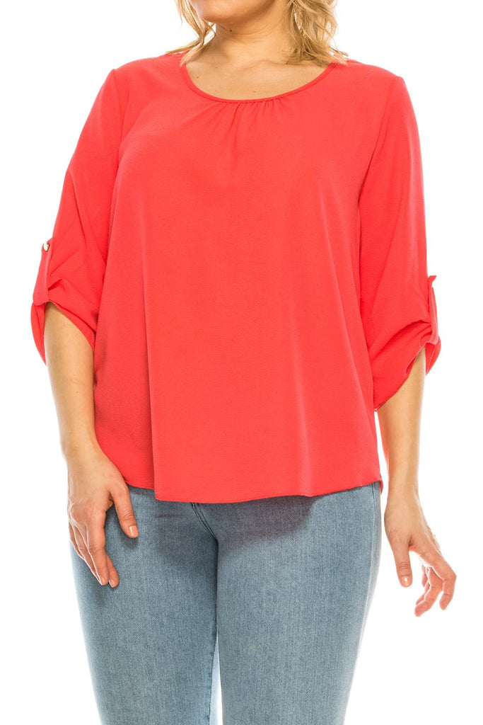 Women's Plus Size Casual Round Neck Loose Fit Roll Tab 3/4 Sleeve Shirt Blouse Tops FashionJOA