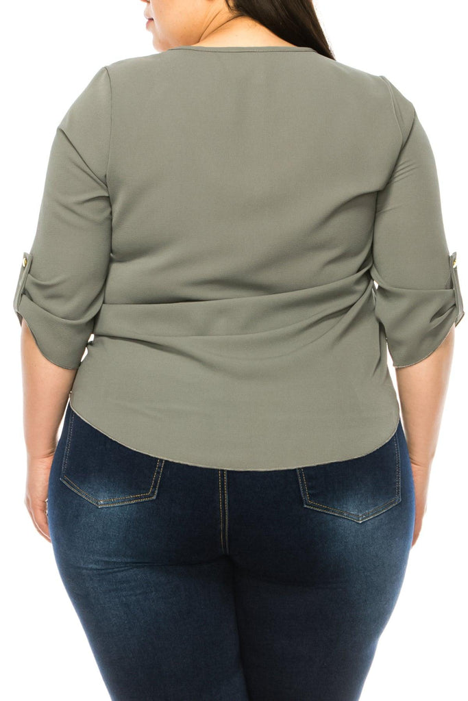 Women's Plus Size Casual Round Neck Loose Fit Roll Tab 3/4 Sleeve Shirt Blouse Tops FashionJOA