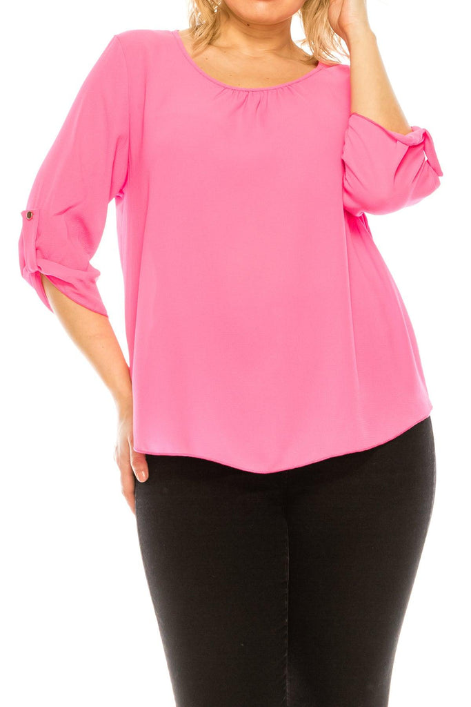 Women's Plus Size Casual Round Neck Loose Fit Roll Tab 3/4 Sleeve Shirt Blouse Tops FashionJOA