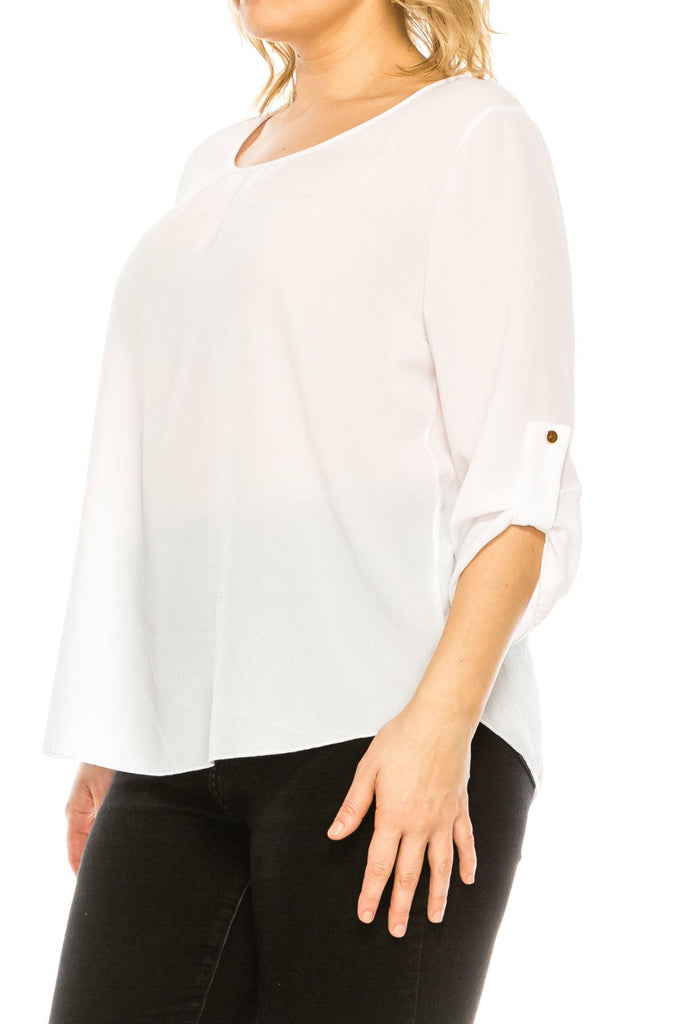 Women's Plus Size Casual Round Neck Loose Fit Roll Tab 3/4 Sleeve Shirt Blouse Tops FashionJOA