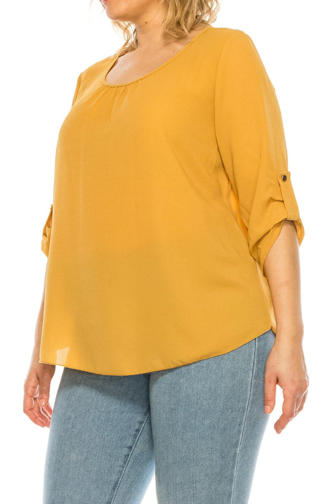 Women's Plus Size Casual Round Neck Loose Fit Roll Tab 3/4 Sleeve Shirt Blouse Tops FashionJOA