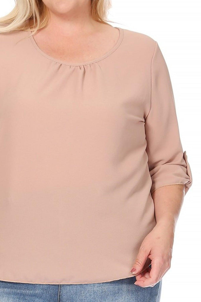 Women's Plus Size Casual Round Neck Loose Fit Roll Tab 3/4 Sleeve Shirt Blouse Tops FashionJOA