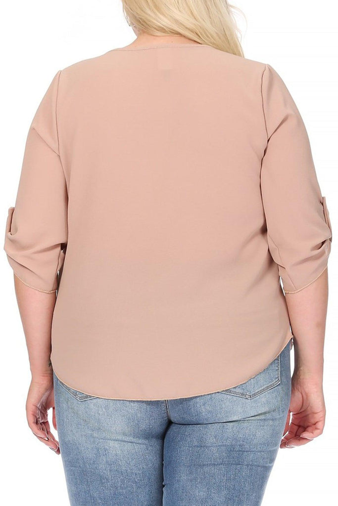 Women's Plus Size Casual Round Neck Loose Fit Roll Tab 3/4 Sleeve Shirt Blouse Tops FashionJOA