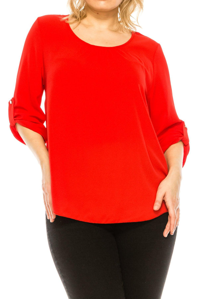 Women's Plus Size Casual Round Neck Loose Fit Roll Tab 3/4 Sleeve Shirt Blouse Tops FashionJOA