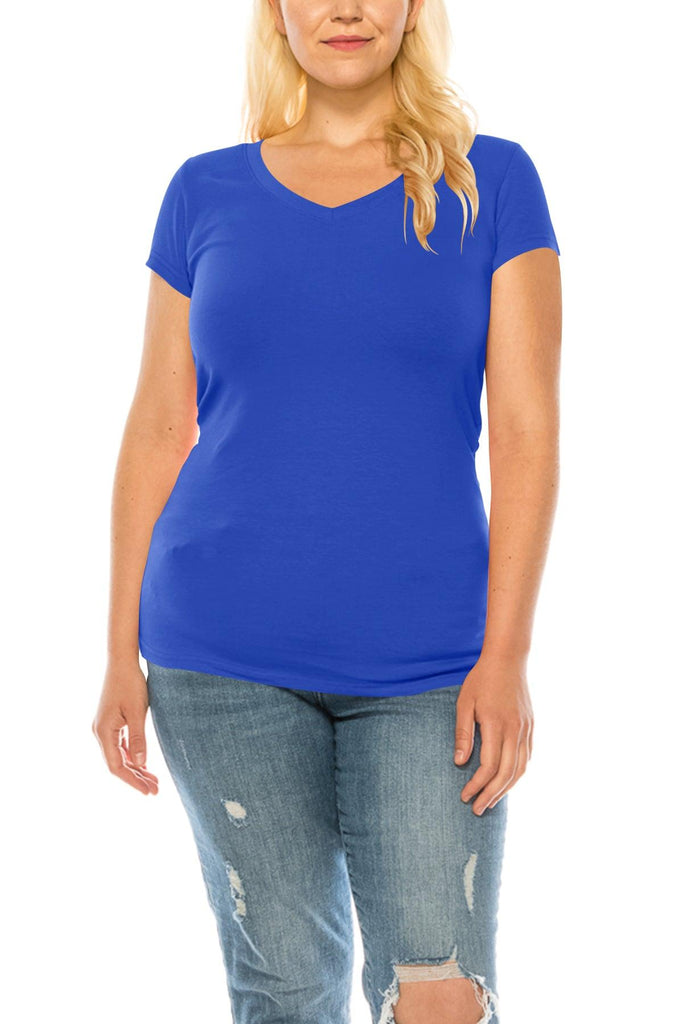 Women's Plus Size Casual Short Sleeve V-Neck Solid Basic T-Shirt Top FashionJOA