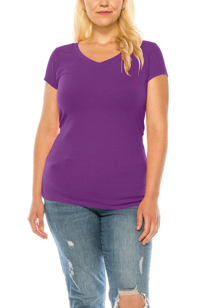 Women's Plus Size Casual Short Sleeve V-Neck Solid Basic T-Shirt Top FashionJOA