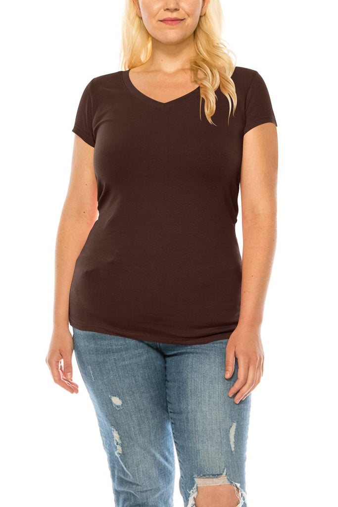 Women's Plus Size Casual Short Sleeve V-Neck Solid Basic T-Shirt Top FashionJOA