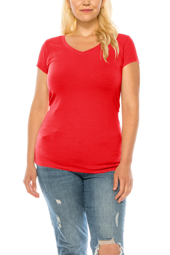 Women's Plus Size Casual Short Sleeve V-Neck Solid Basic T-Shirt Top FashionJOA