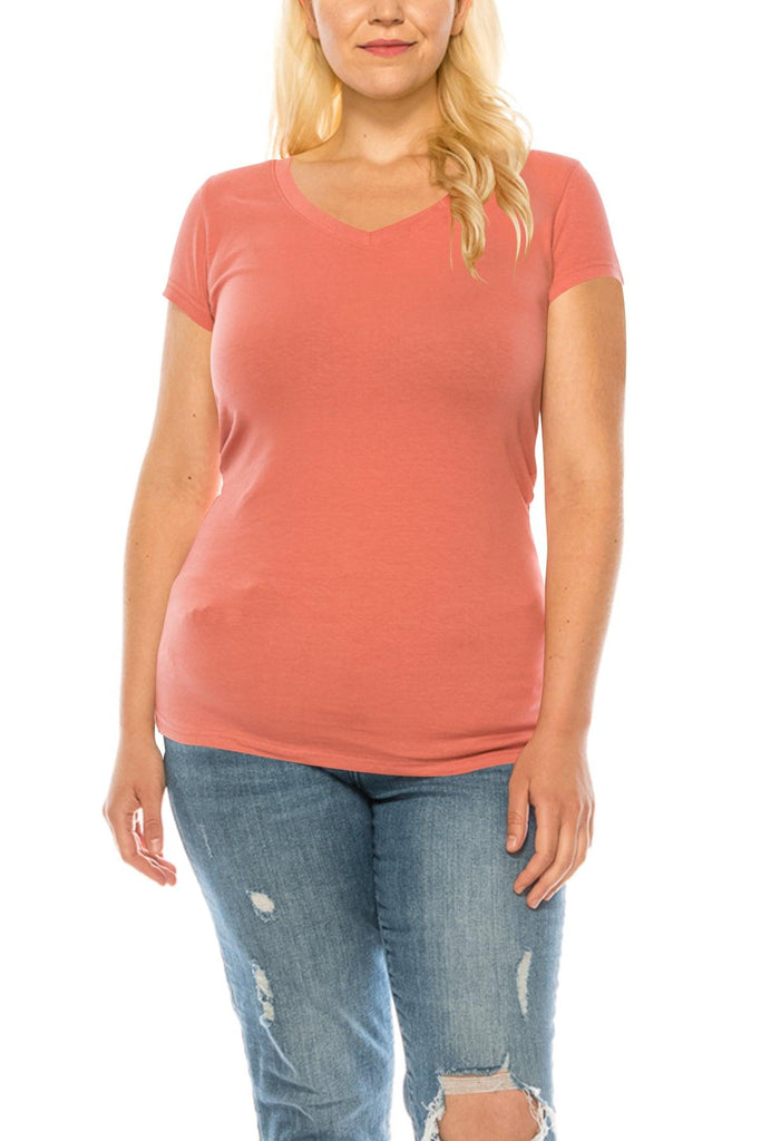 Women's Plus Size Casual Short Sleeve V-Neck Solid Basic T-Shirt Top FashionJOA