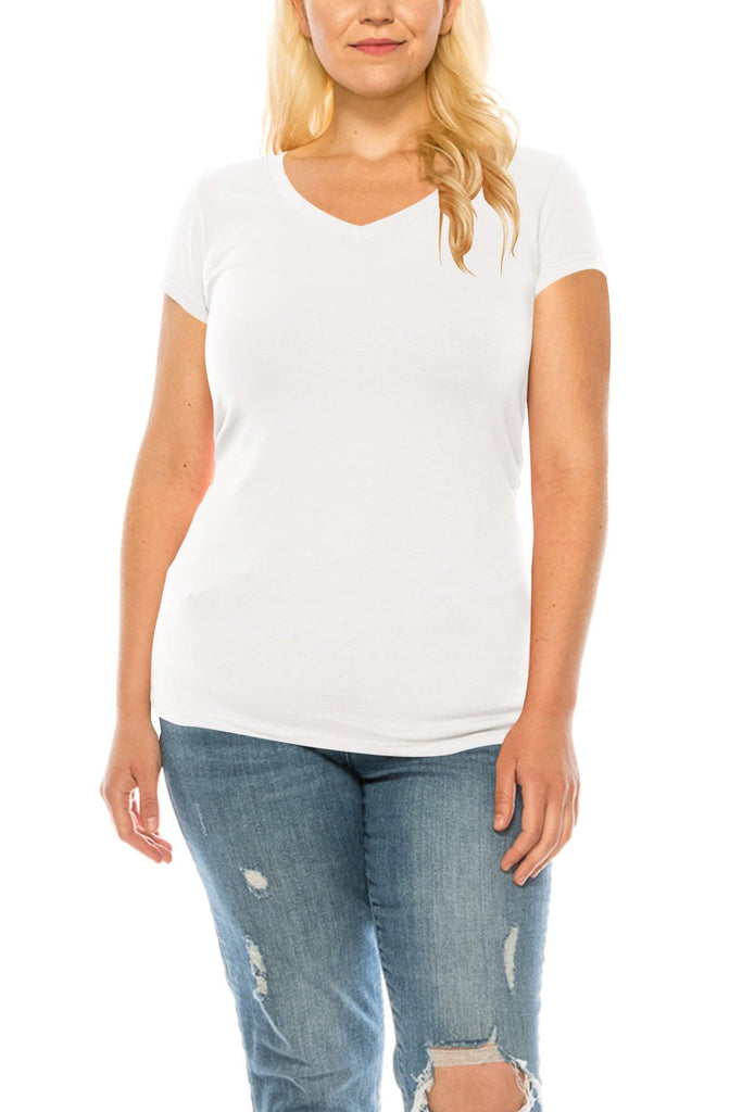 Women's Plus Size Casual Short Sleeve V-Neck Solid Basic T-Shirt Top FashionJOA