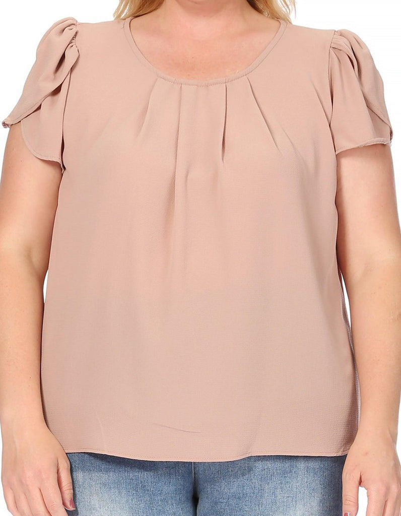 Women's Plus Size Casual Solid Pleated Front Petal Cap Sleeve Round Neck Blouse FashionJOA