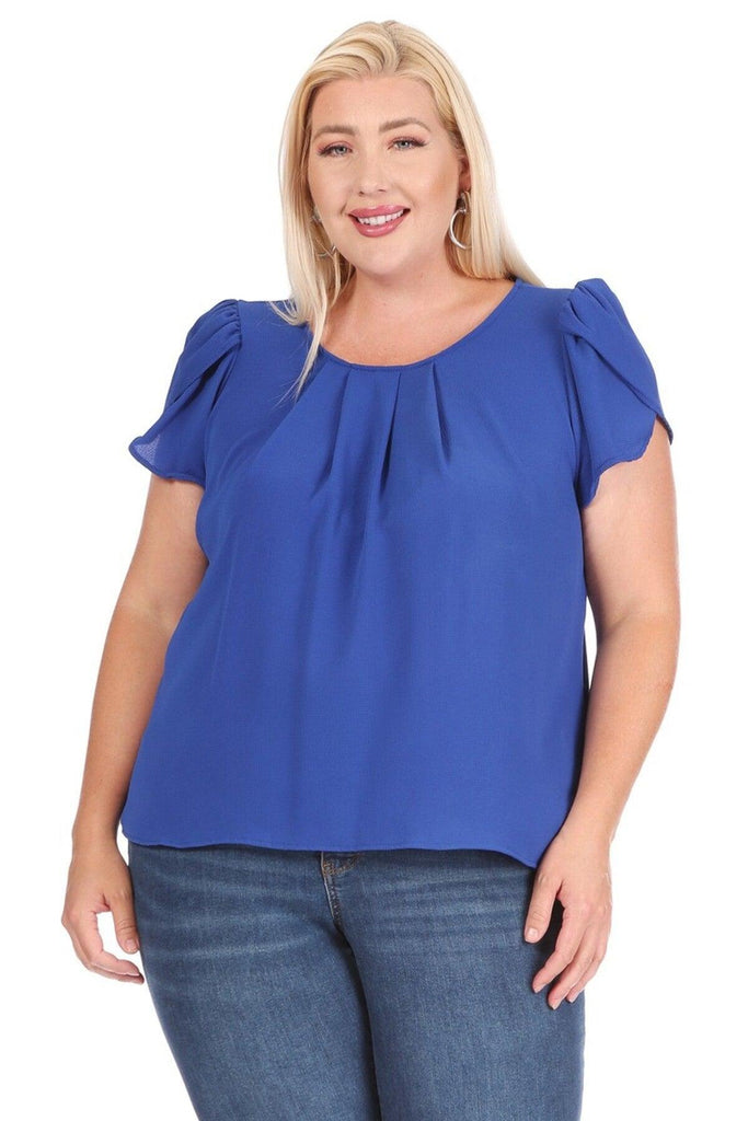 Women's Plus Size Casual Solid Pleated Front Petal Cap Sleeve Round Neck Blouse FashionJOA