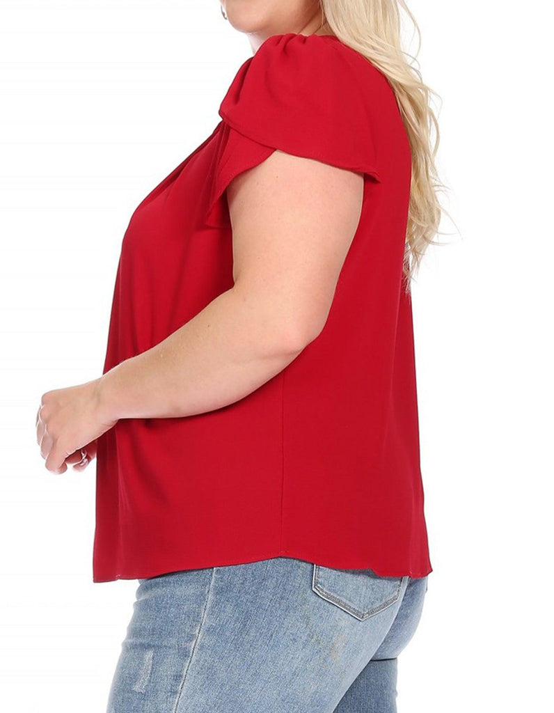 Women's Plus Size Casual Solid Pleated Front Petal Cap Sleeve Round Neck Blouse FashionJOA