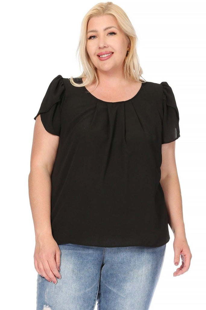 Women's Plus Size Casual Solid Pleated Front Petal Cap Sleeve Round Neck Blouse FashionJOA