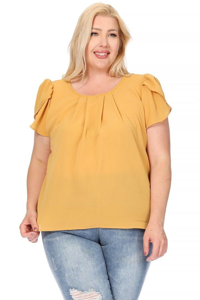 Women's Plus Size Casual Solid Pleated Front Petal Cap Sleeve Round Neck Blouse FashionJOA