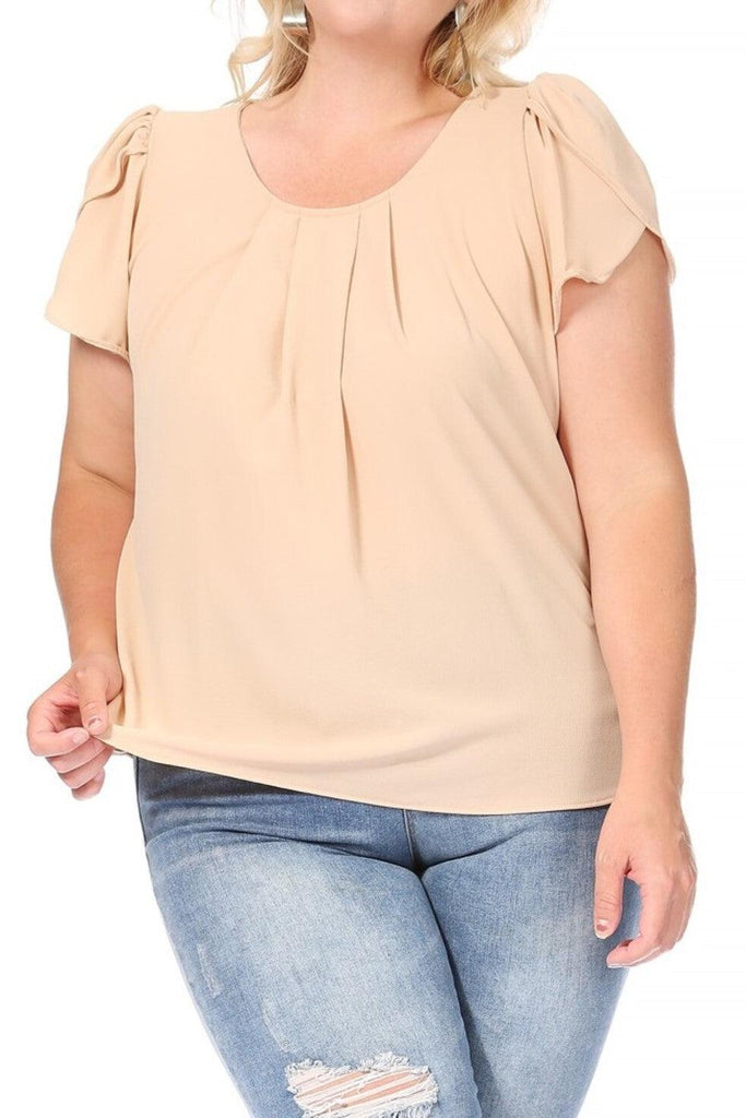 Women's Plus Size Casual Solid Pleated Front Petal Cap Sleeve Round Neck Blouse FashionJOA