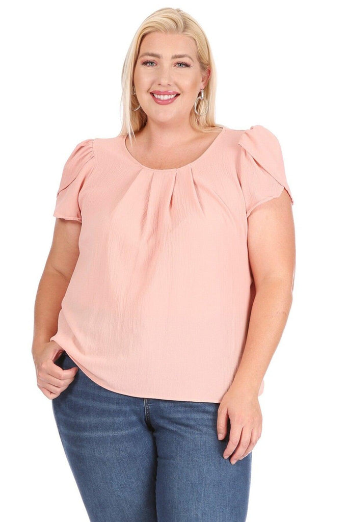 Women's Plus Size Casual Solid Pleated Front Petal Cap Sleeve Round Neck Blouse FashionJOA