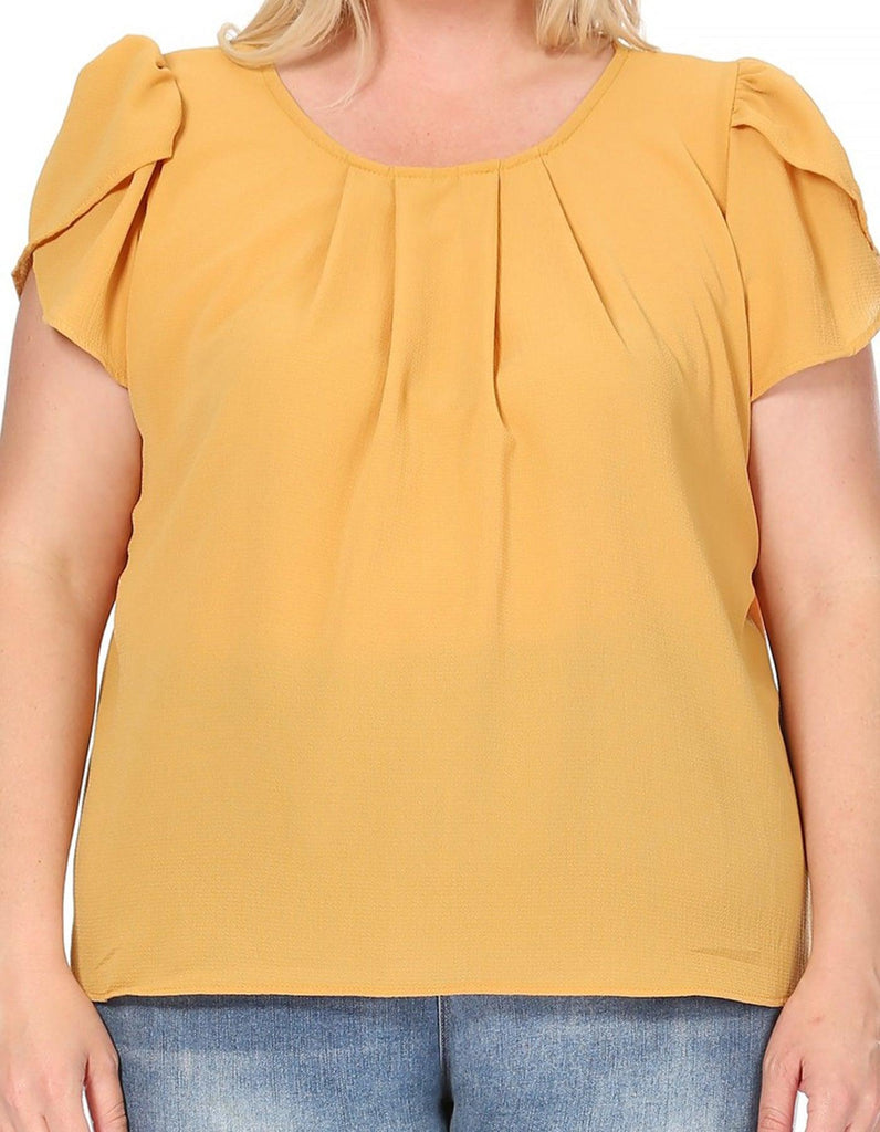 Women's Plus Size Casual Solid Pleated Front Petal Cap Sleeve Round Neck Blouse FashionJOA