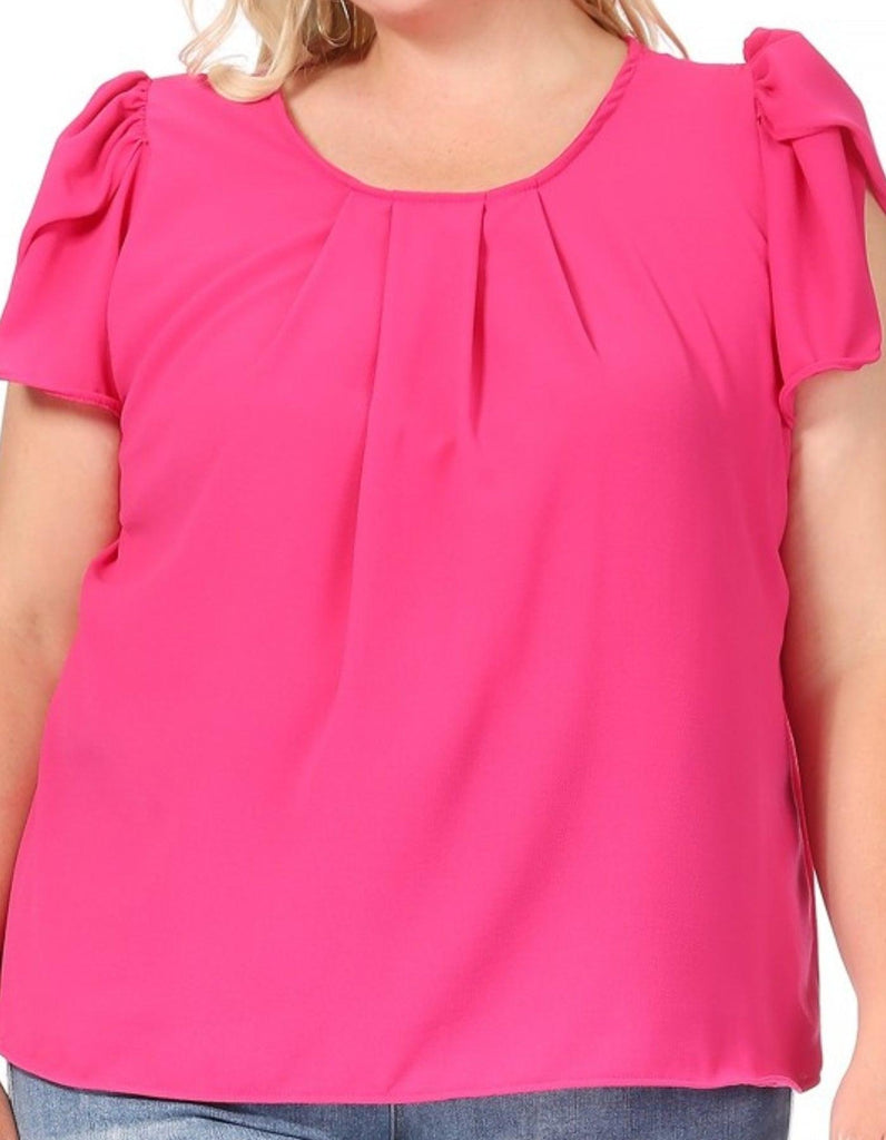 Women's Plus Size Casual Solid Pleated Front Petal Cap Sleeve Round Neck Blouse FashionJOA