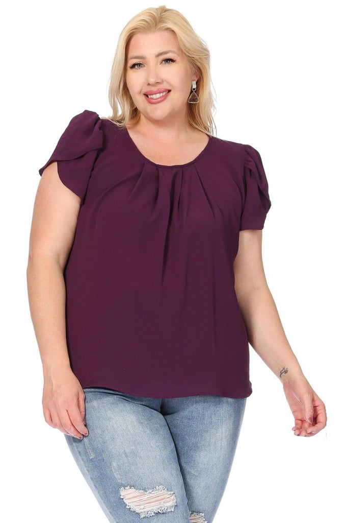 Women's Plus Size Casual Solid Pleated Front Petal Cap Sleeve Round Neck Blouse FashionJOA